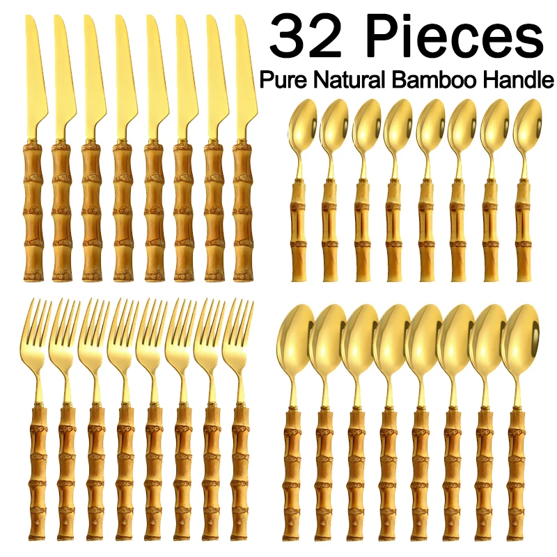 

32Pcs Bamboo Tableware Set Stainless Steel Flatware Set Dinnerware Steak Knife Cutlery Purely Natural Bamboo Handle Cutlery Set