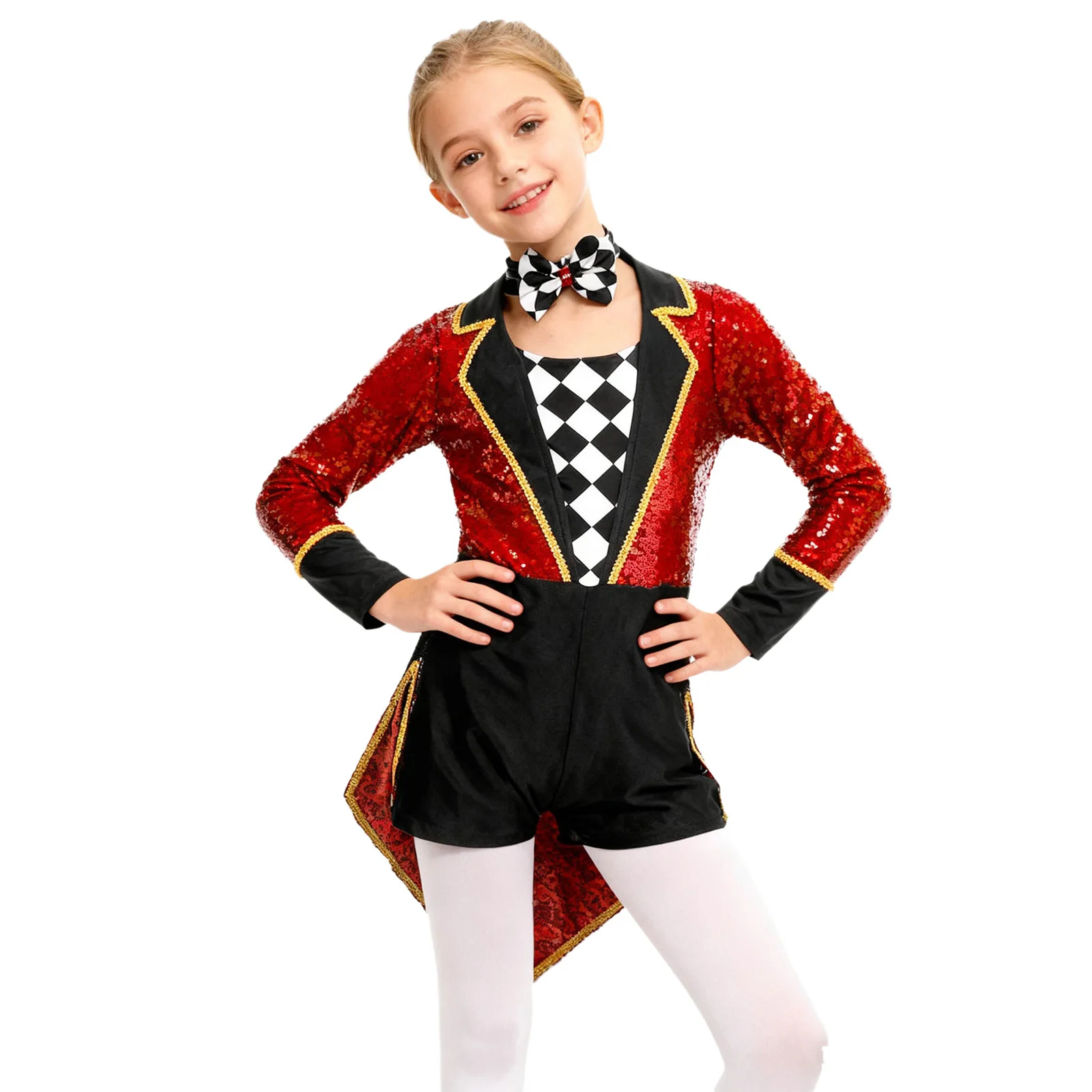 

Kids Girls Boys Royal Circus Ringmaster Magician Cosplay Performance Tailcoat Bodysuit with Bow Tie Formal Occasion Bodysuits