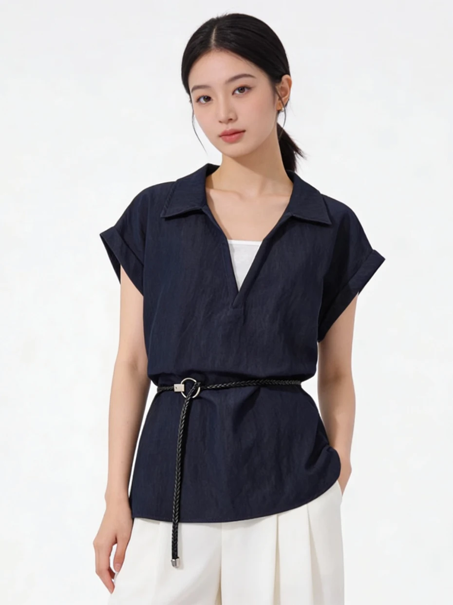 

Summer New Design Denim Short Sleeve Shirt Women's Casual Style Waist Cinched Patchwork Top Casual Fashion Polyester Fiber