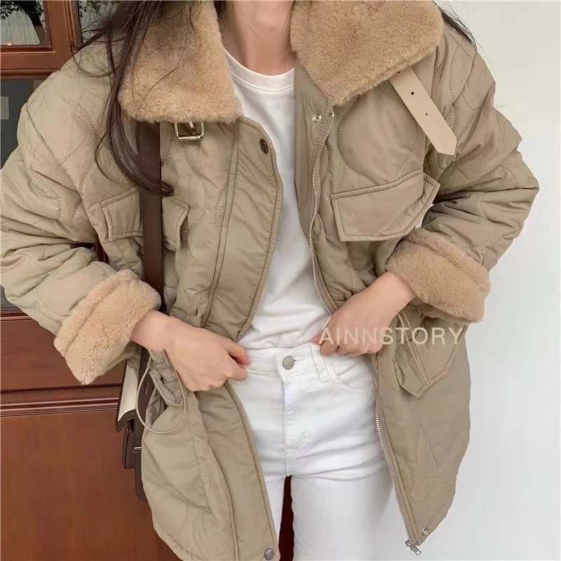 [EWQ] Chic Stand Collar Long Sleeve Drawstring Cotton-padded Coat Multiple Pockets Women Winter Thick Coats 2024 Autumn 16O2799