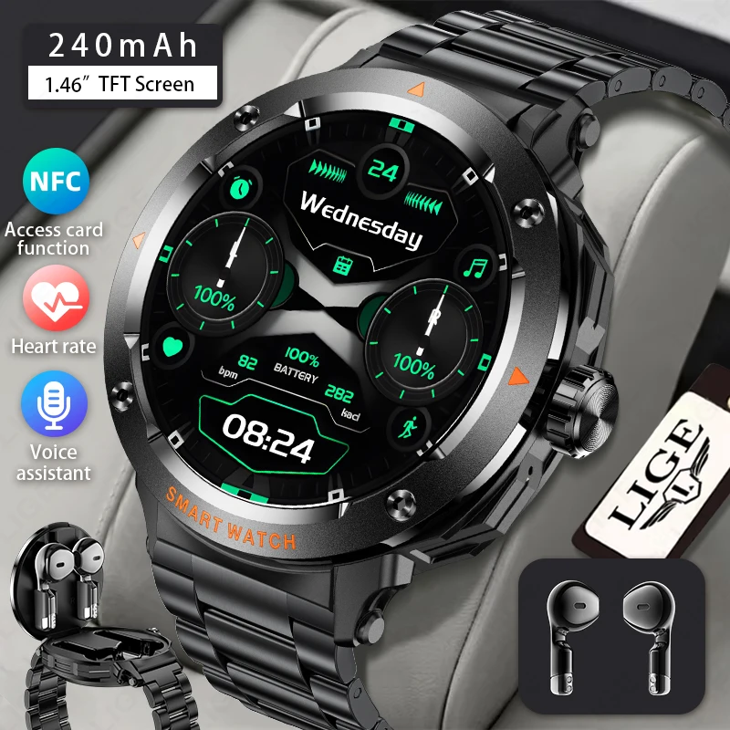 

Смарт-часы LIGE для мужчин и женщин с Bluetooth-вызовами, мониторингом сердечного ритма, музыкой, NFC, 2-в-1, TWS-наушники, фитнес-трекер