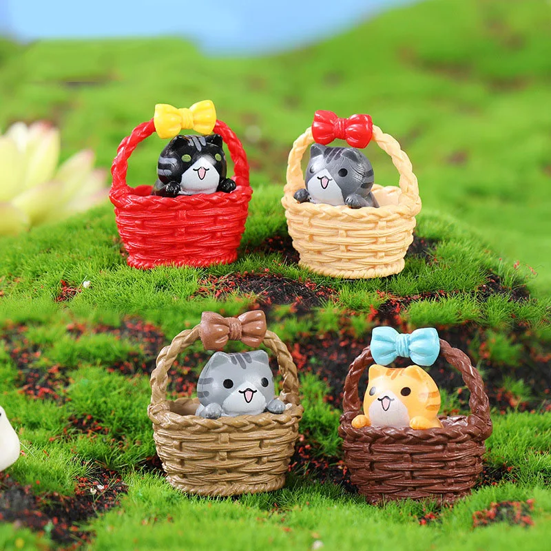 Kawaii Cat in Basket B Fairy Garden Miniatures Figurines Cartoon Animal PVC Figure Terrarium Toy Dollhouse Kit Decoration DIY