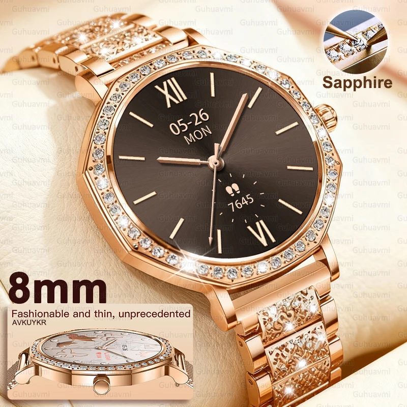 

New Women Luxury Diamond Smart Watch 466*466 HD Screen Sports Bracelet AI Custom Dial Heart Rate Voice Call Smartwatch Rose Gold