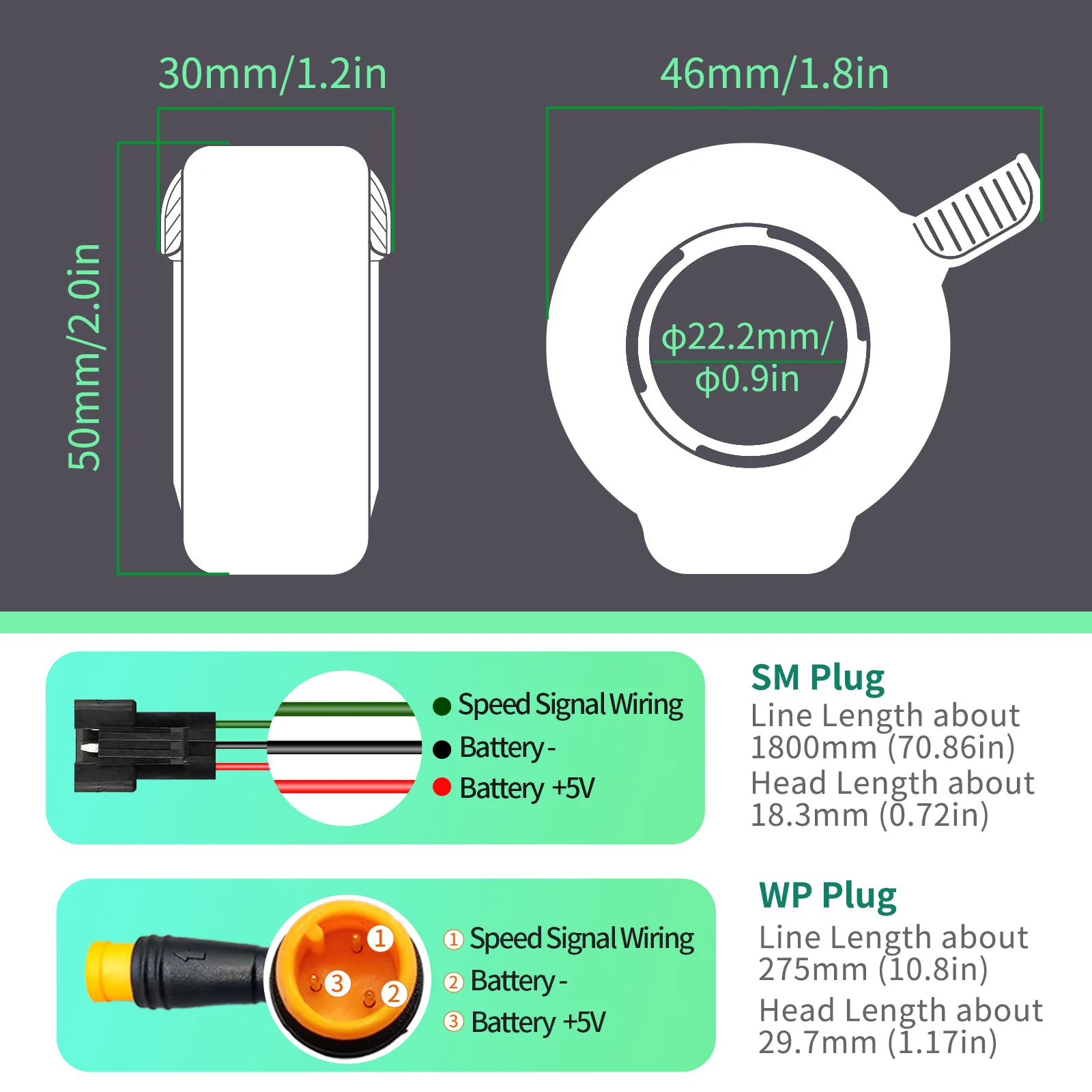 WUXING Palanca de dedo 130X Acelerador de pulgar Ebike 3 pines Impermeable/Enchufe SM Acelerador de pulgar de bicicleta eléctrica