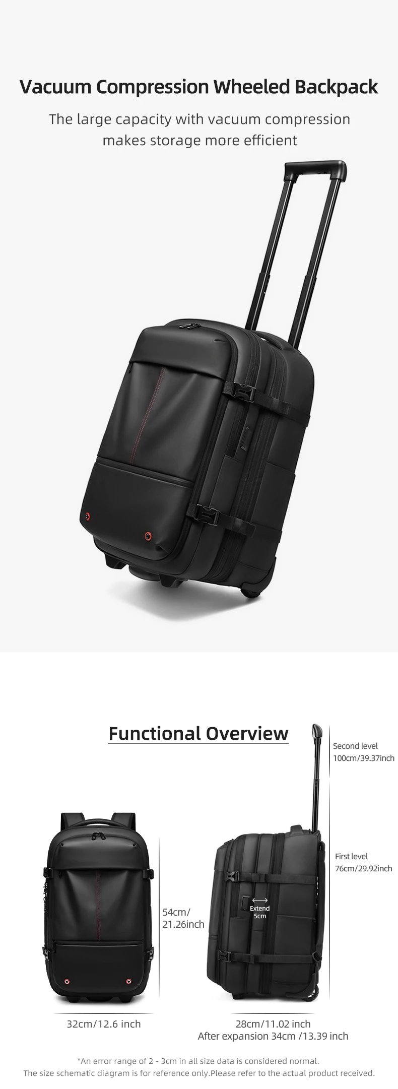 Reise-Trolley-Vakuum-Kompressions-Business-Rucksack mit Pumpe für Herren, Rucksack auf Rädern, Rollgepäck, Bergsteigertasche – Detail 1