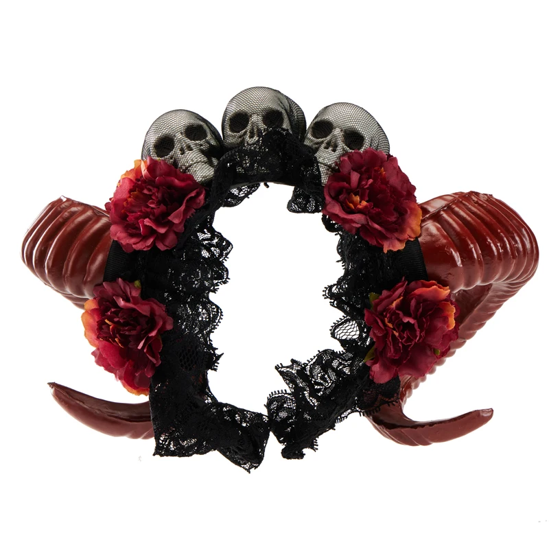 Women’s Halloween Horn Headband Goth Lolita Red Demon Horns Skull Flowers Hairband Party Halloween Headwear