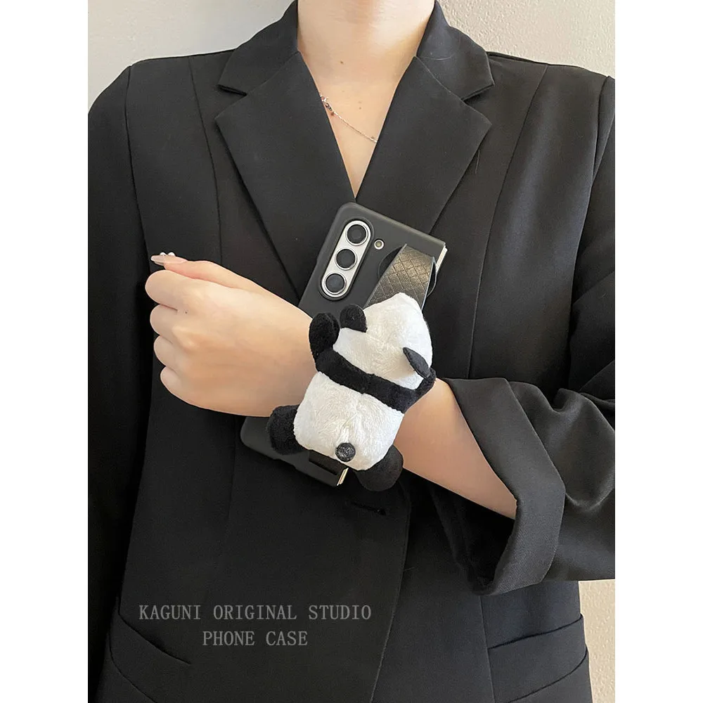 For Samsung Galaxy Z Fold 7 6 5 4 3 2 5G Cartoon Plush Panda Wristband Bracket Black Matte Case Cover With Crossbody Long Strap