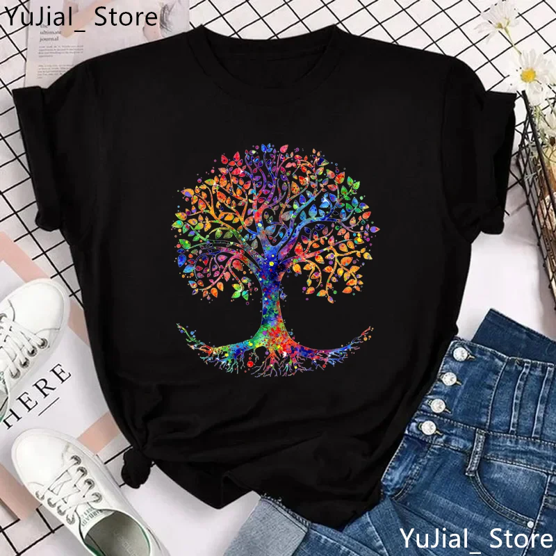 Rainbow Tree Print Tshirt Women Buddha Chakra Meditation T Shirt Femme Breathe Symbols Yoga T-Shirt Female Harajuku Shirt