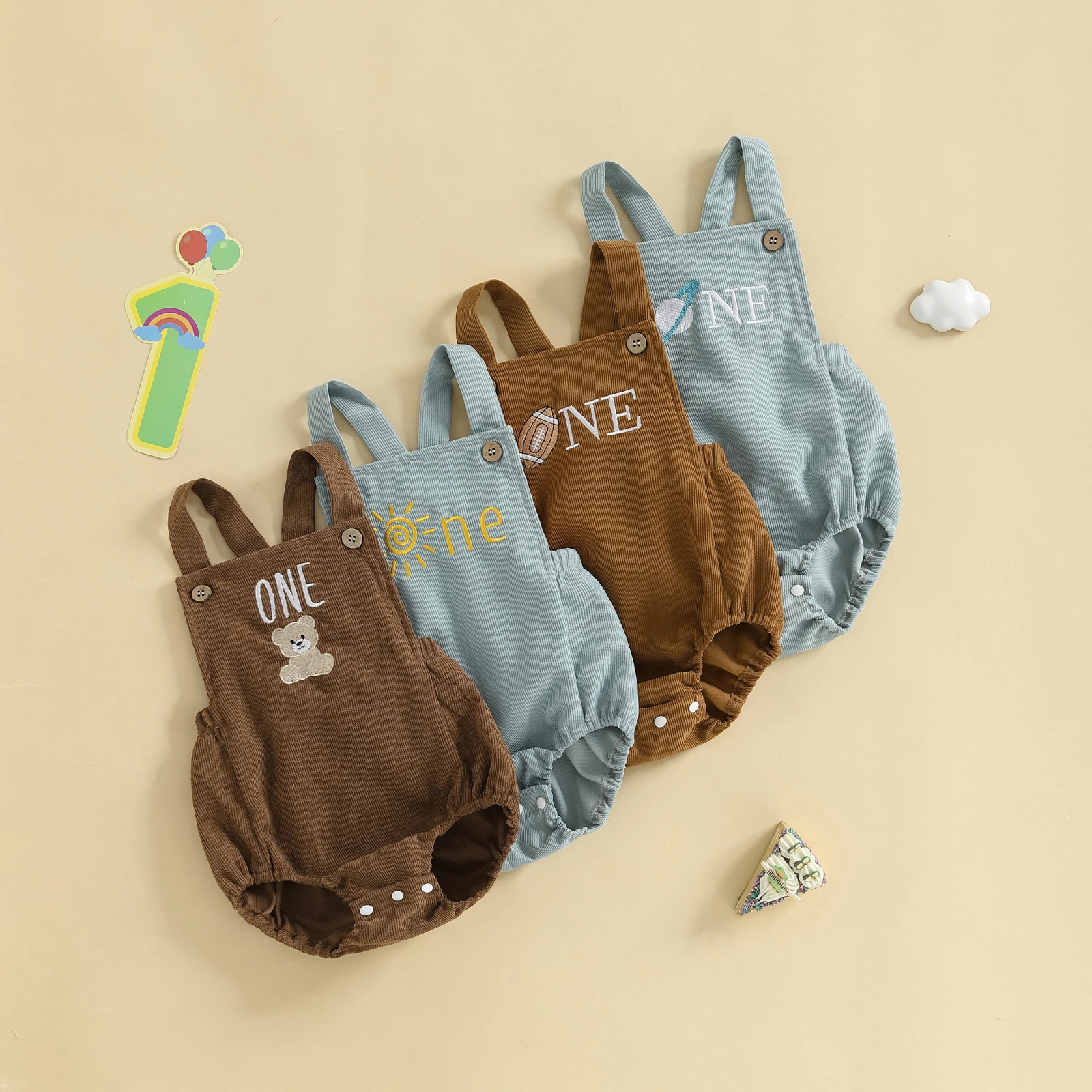 

Infant Baby Boys Rompers Corduroy Bear/Planet/Sun/Rugby Embroidery Buttons Sleeveless 1st Birthday Clothes Bodysuits Jumpsuits