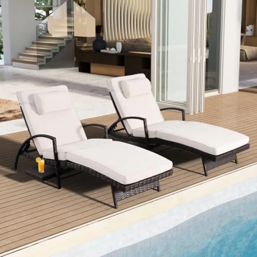 

Chaise Lounge Chairs Set of 2, 6-Position Adjustable Outdoor Recliner with Side Table and Wheel, All-Weather PE Rattan Wicker P