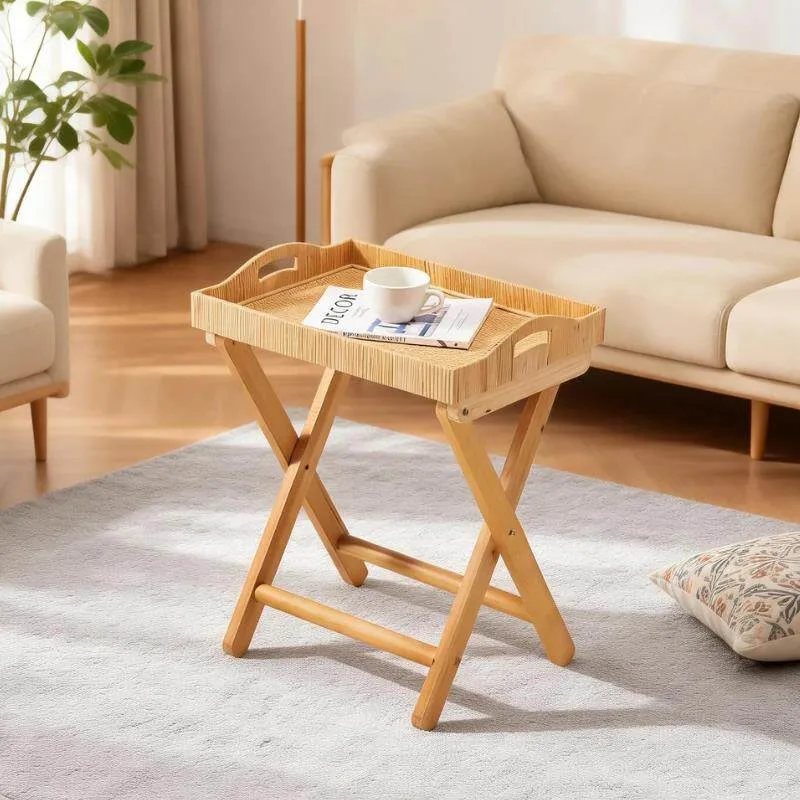 Foldable Rattan Coffee Table for Living Room Solid Wood Side Table Wicker Nesting Desk for Bedroom Space Saving HomeTea Stand