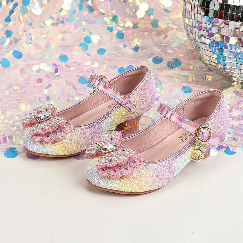 Girls' Leather Shoes Kid's Fashionable Colorful Gradient Princess Shoes Princess Crystal Shoes Gradient  Zapatos Para Niña