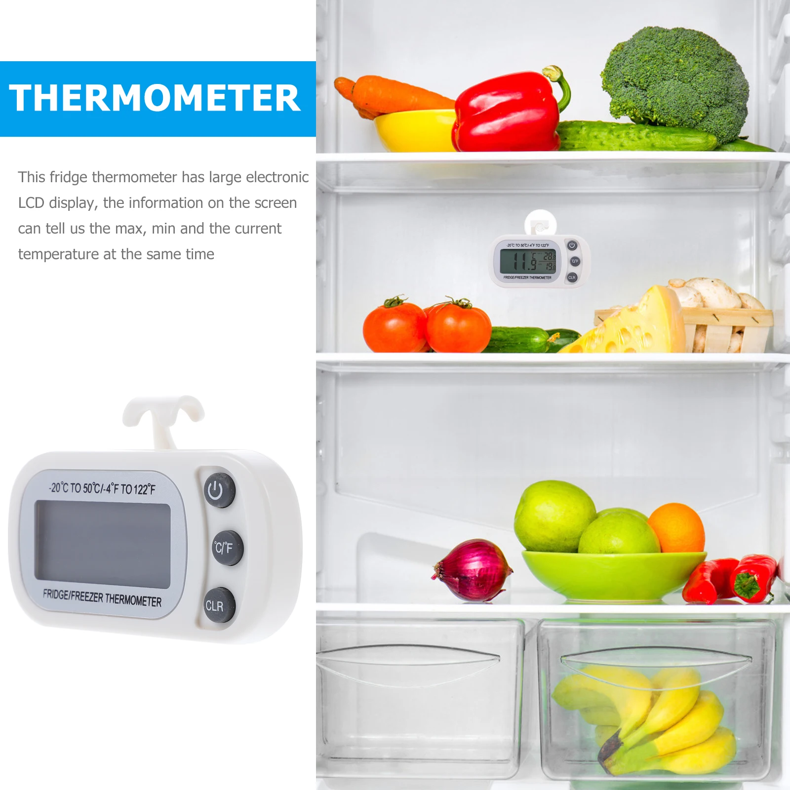 

2Pcs White Waterproof Digital Fridge Thermometer Temperature Gauge for Indoor Home Freezer LCD Max Min Temp Display Portable Use