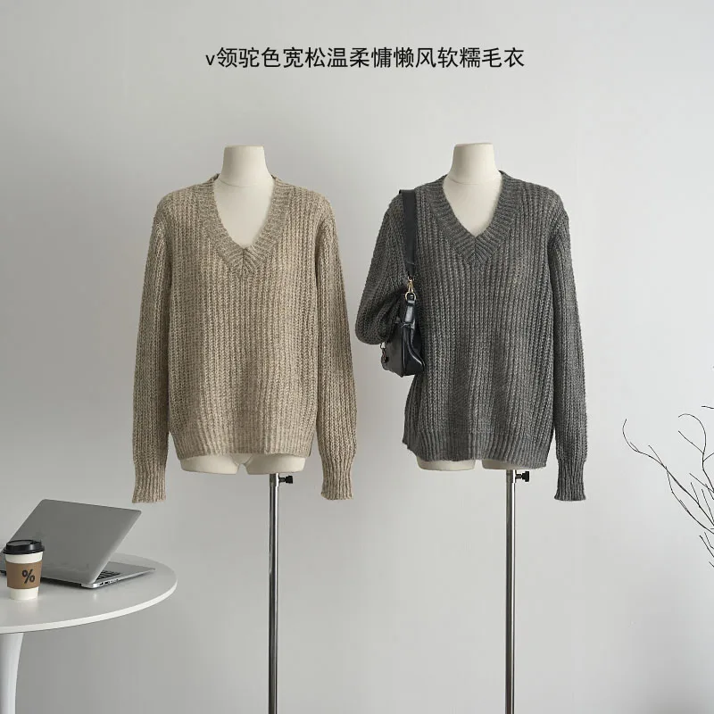 

V-neck Basic Vintage Knit Sweater Autumn And Winter Korean-style Slouchy Women's Sweater Comfortable Aesthetic Sweater