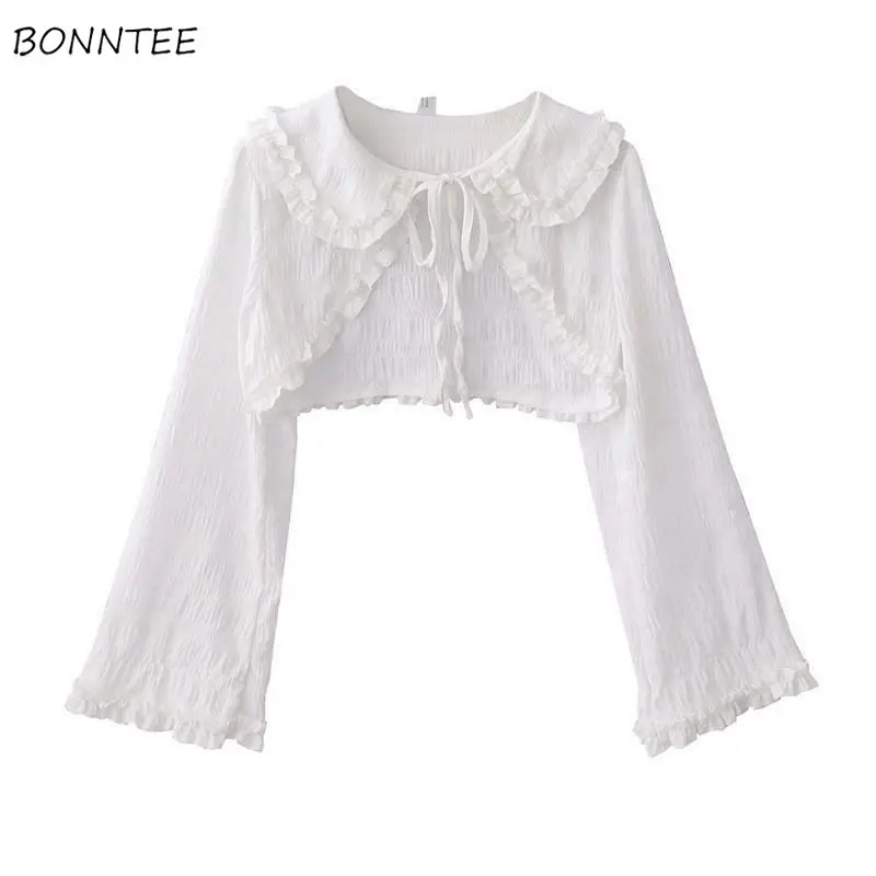 Kurtki damskie przycięte słodki styl Lolita Ruffles Design Slim sznurowane Vintage romantyczny wiosenny krem przeciwsłoneczny Feminino popularna odzież wierzchnia