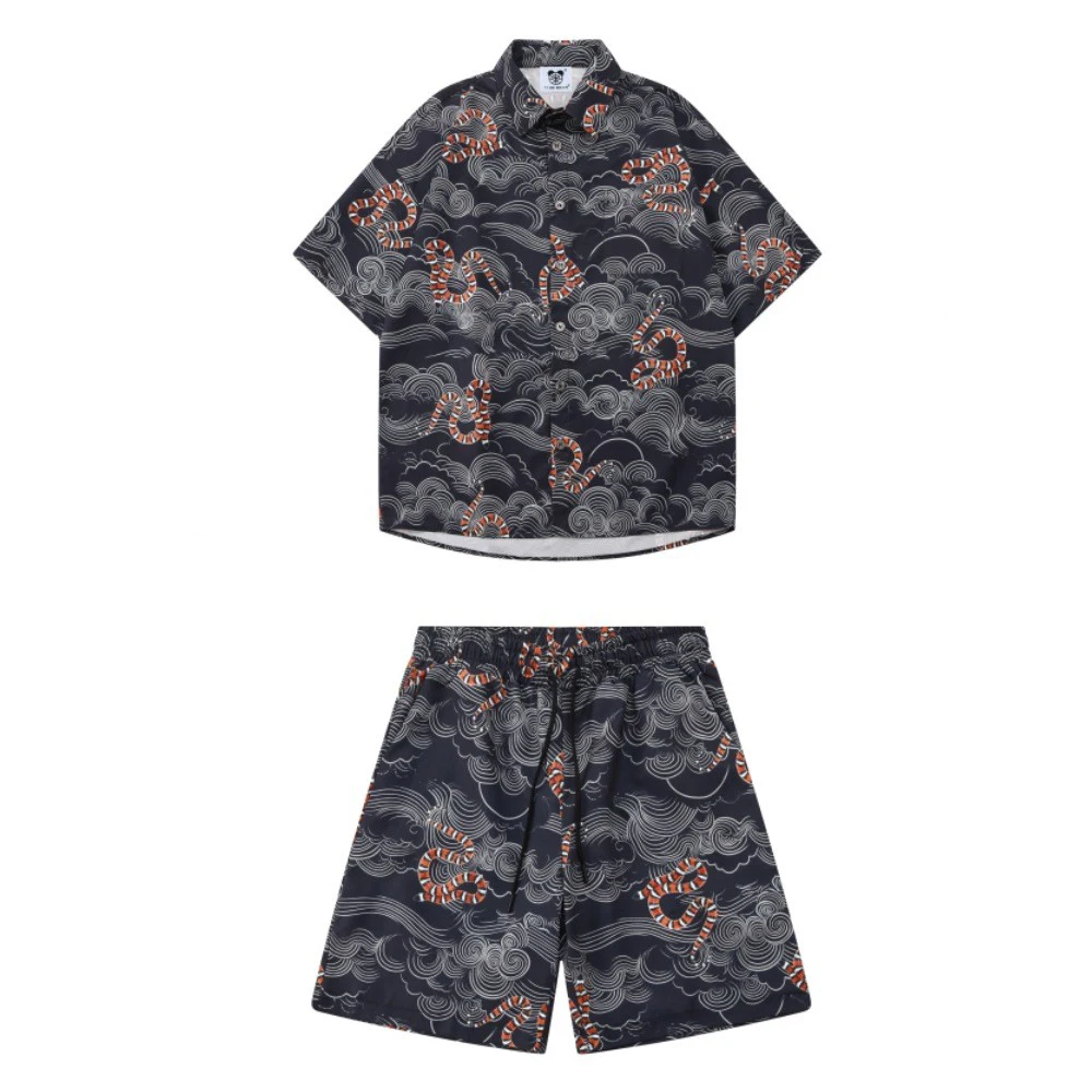 Mens Snake Cloud Print Two-Piece Sets Spring/Summer Fashion Streetwear Short-Sleeved Shirt Shorts Suit Men'S Clothing 2025 New