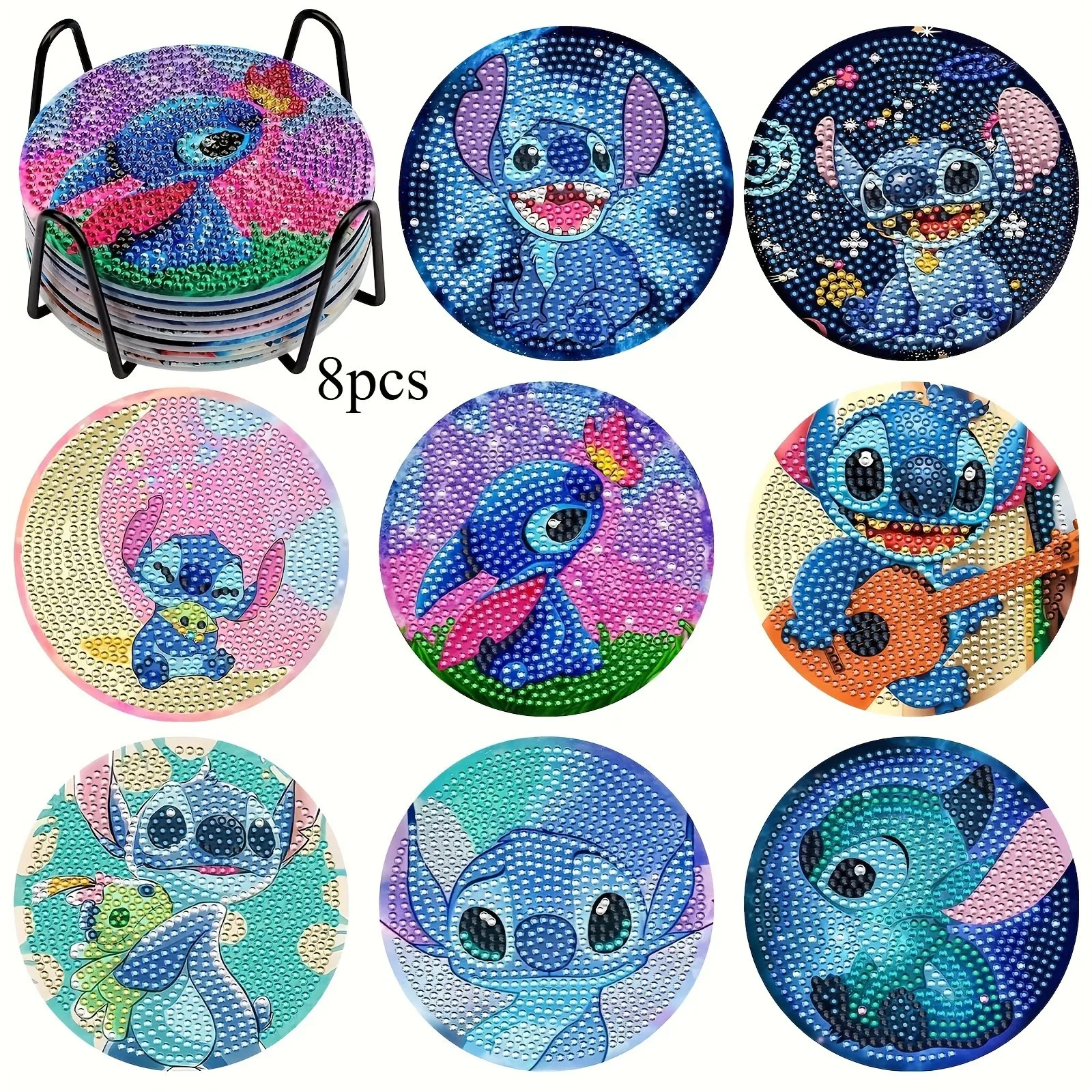 

Blue Alien DIY Rhinestone Stitch Coaster Set With Holder Handmade Diamond Painting Cup Mat, Cartoon Waterproof Table Decor Gift