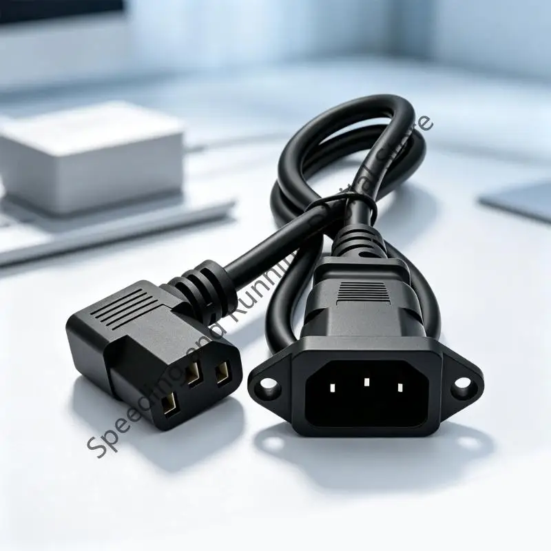 90-degree elbow C14 to C13 Power Extension Cable, Panel Mount Inlet with screw holes Outlet, 60 Cord