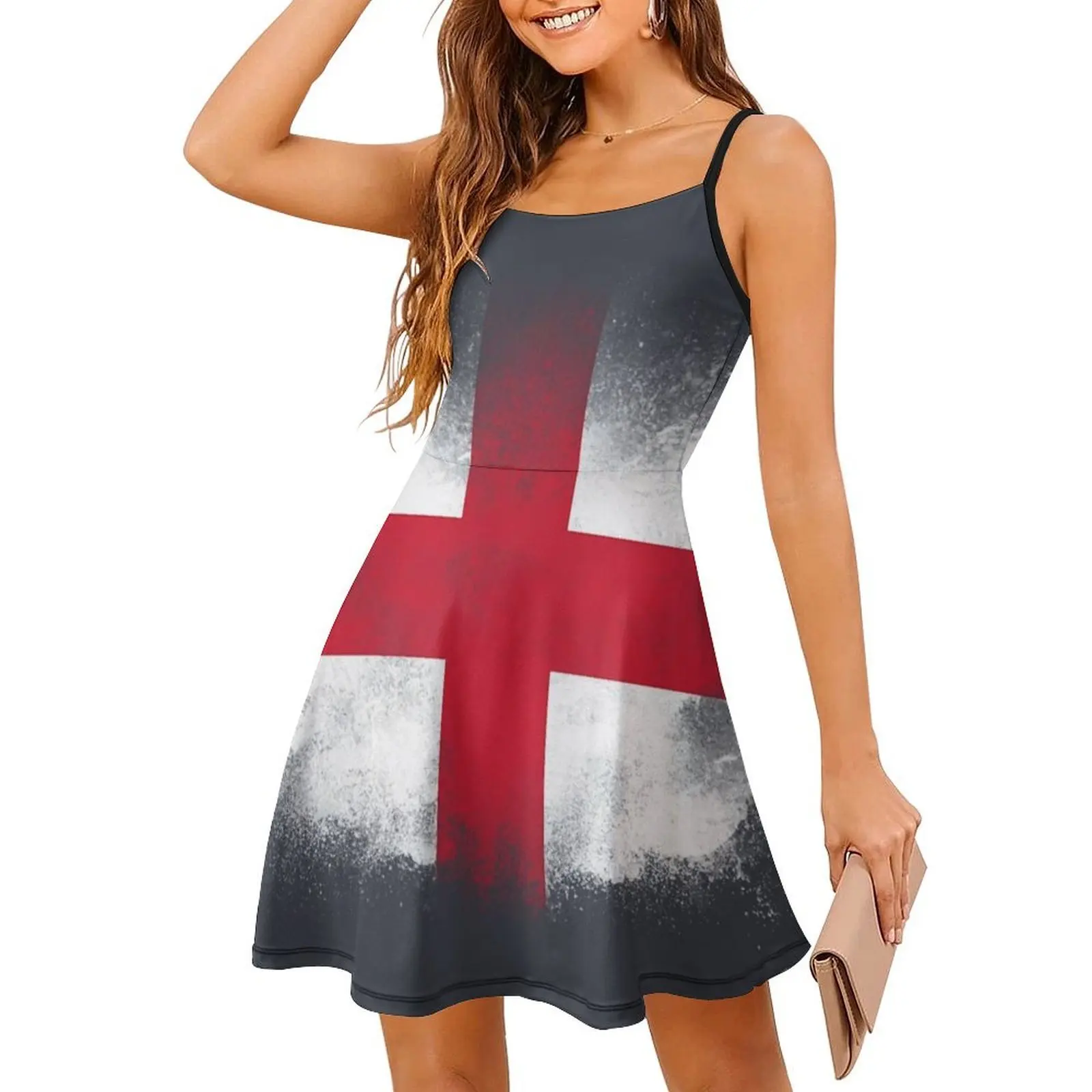 فستان قصير على طراز بريبي بعلم إنجلترا للنساء على شكل حرف a فضفاض مناسب فستان يوم غير رسمي علم إنجلترا علامة متقاطعة رمز ملابس نسائية #3
