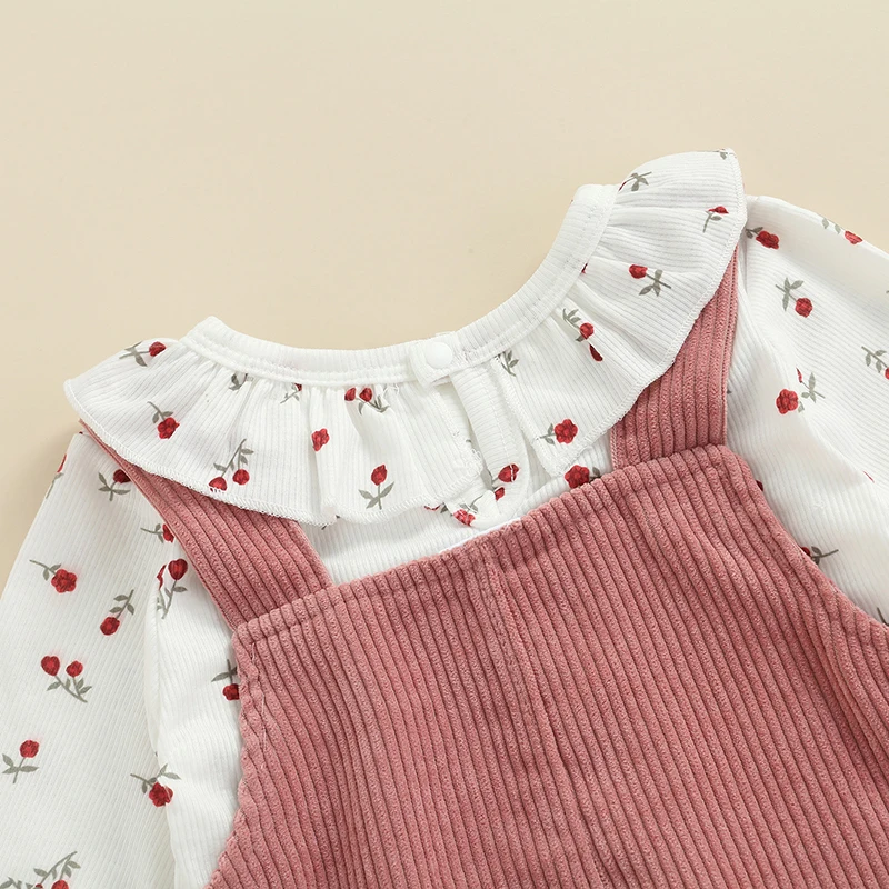 Infant Baby Clothing Girl Outfit Toddler Girls Clothes Floral Printed Romper Tops+Corduroy Suspender Dress Newborn Set