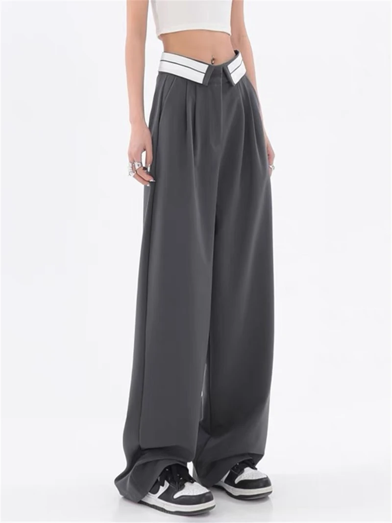 2023 Summer Fashion Women Grey Solid Simple Chic Long Trousers High Waist Loose Casual Design Baggy Soft Pants Streetwear Daily