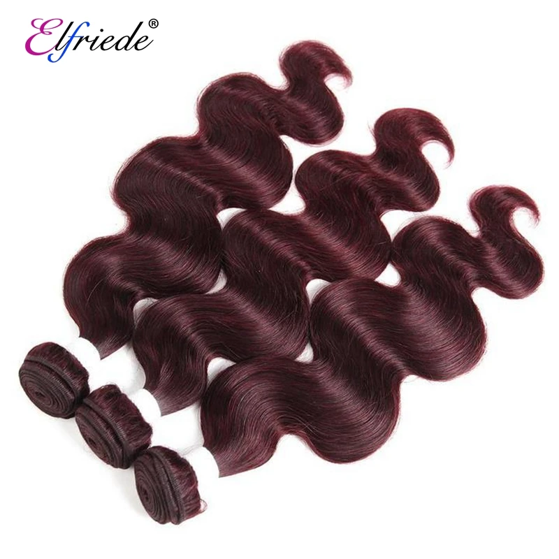 Elfriede 99J bundel rambut manusia pra-warna gelombang tubuh merah anggur bundel 100% ekstensi rambut manusia 3/4 penawaran bundel rambut manusia dijahit dalam kain