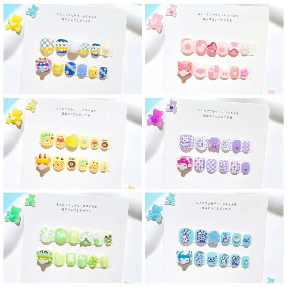 Little Girls Children False Nails Full Cover Nail Art Tips Short Square Shaped Kids Cartoon Fake Nails Manicure Material