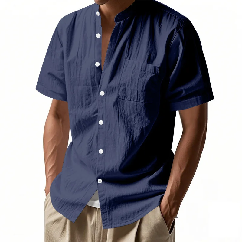 Men's Summer Loose Linen Cardigan Solid Color Casual Stand-Up Collar Beach Short Sleeve Shirt Men's