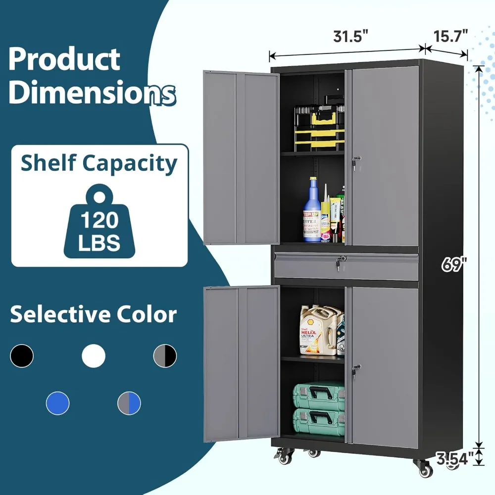 Gabinete de almacenamiento con ruedas de metal con cajones y puertas, unidad de almacenamiento de garaje alta para organización en sótanos y talleres