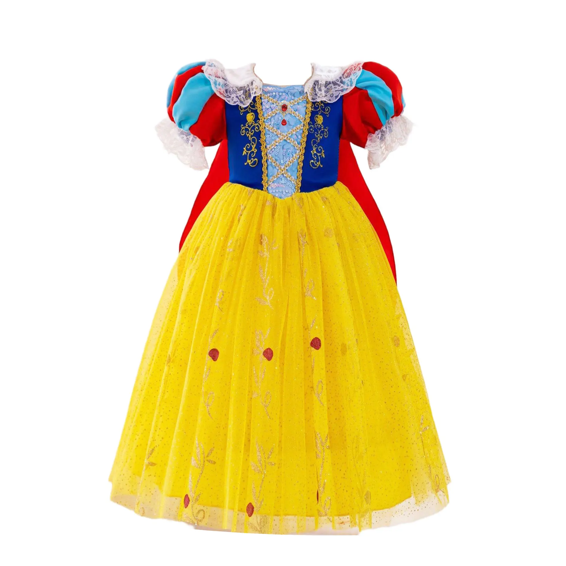 Girls Short Sleeve Fairy Tale Tulle Princess Dress With Printed Pattern Kids Birthday Party Belle Aurora Cosplay Costume 3-10Yrs image 6