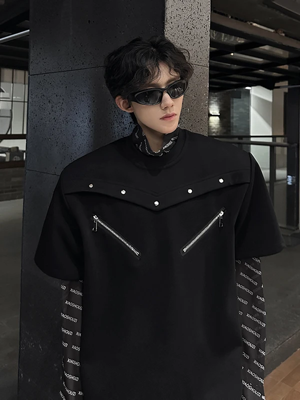 Personalized Design Faux Two-piece T-shirts Men's Short-sleeve Trend Multi-zipper Decorative Round Neck Pullover Solid Color Top