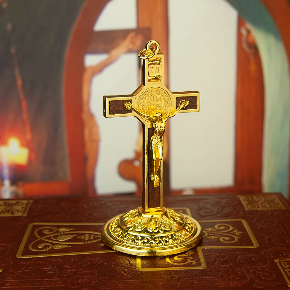 HTISOK Church Supply Metal Jesus Crucifix Table Cross Catholic Cross With Stand For Christ\'s Prayers Jerusalem Home Decor