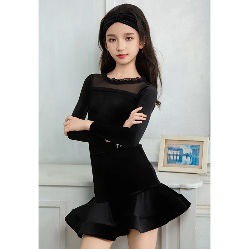 

Детский бархатный костюм для танцев: боди с длинным рукавом и юбка для девочек, для латиноамериканских танцев и тренировок