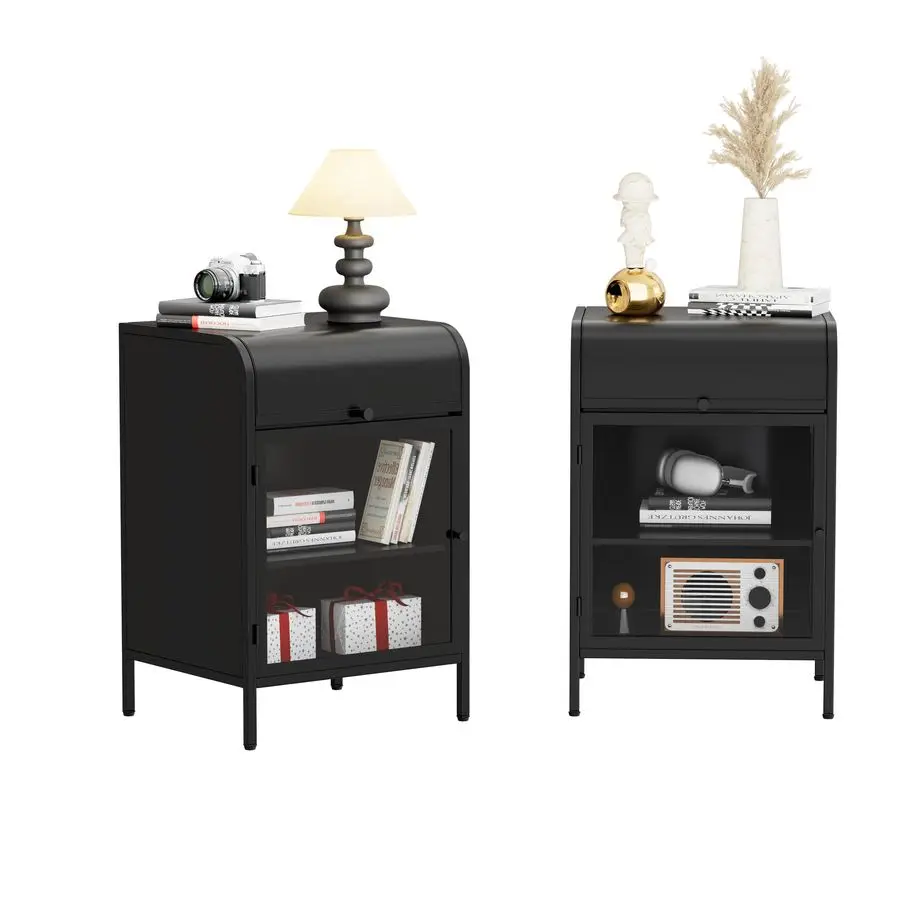 

Metal Side Tables Set of 2, End Tables with Glass Door, 2Tier Nightstands with Storage Shelves, Accent Table, Slim Sofa Table fo