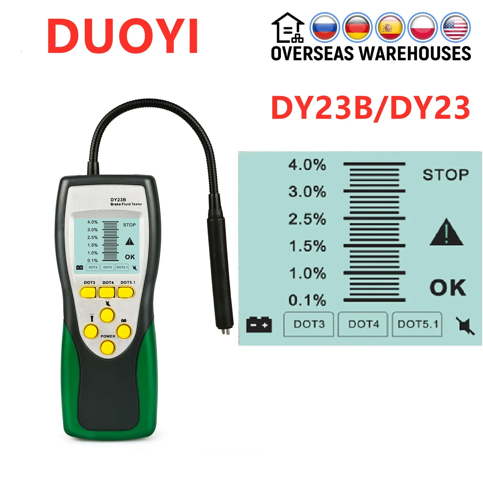 

DUOYI DY23B DY23 Car Brake Fluid Tester Oil Inspection Goose Neck Detector Sound and Light Double Alarm for DOT5 DOT3 DOT4 A++