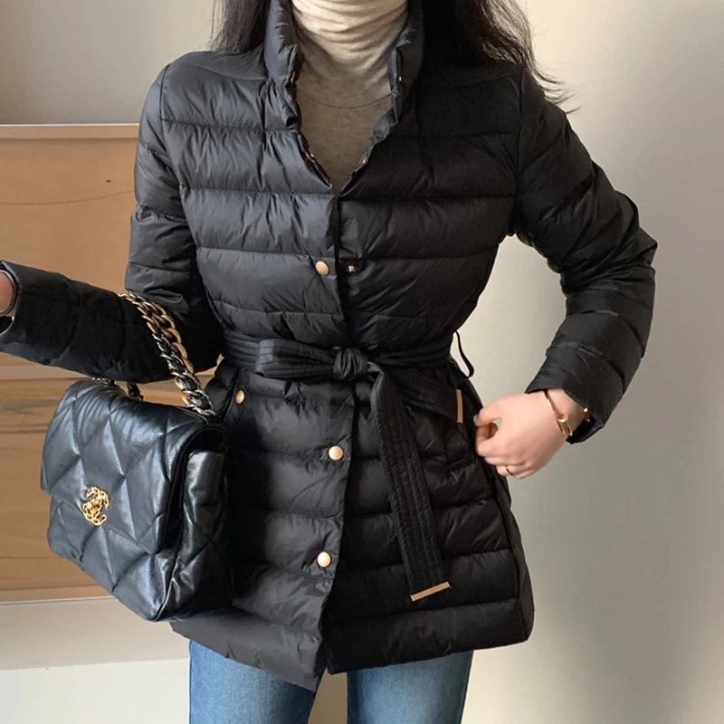 Chic Autumn Winter Cotton Jacket Women's Midi Length Waist Cinched Slimming Stand Collar Metal Button up Outerwear Coat