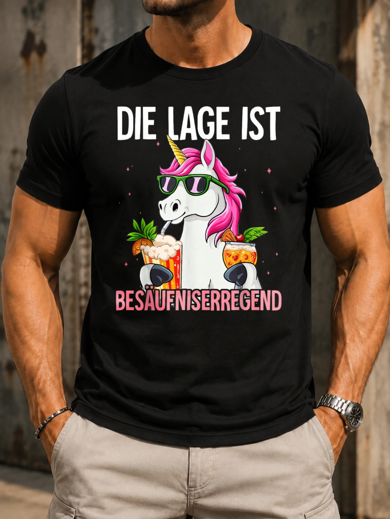German situation calls for drinking joke with unicorn and two drinks graphic with vivid centered  Unisex All T-Shirt
