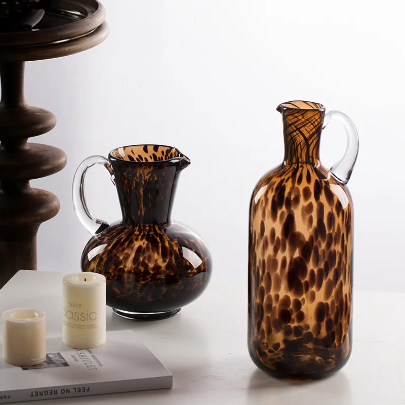 Creative Large Mouth Crystal Glass Vase Vintage Tortoiseshell Pattern Decor Thick Handle Kettle Shape Hydroponic Planter Genuine