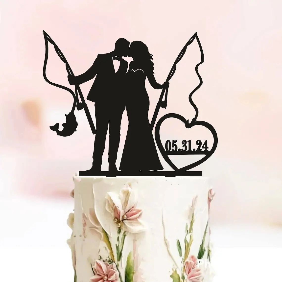 

Fishing Wedding Cake Topper, Mr And Mrs Cake Topper With Date, Custom Cake Topper With Pets, Bride and Groom with fishing rod