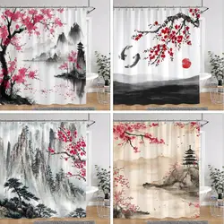 Chinese Japanese Cherry Blossom Ink Painting Shower Curtain Landscape Waves Art Creative Polyester Bath Curtains Bathroom Decor