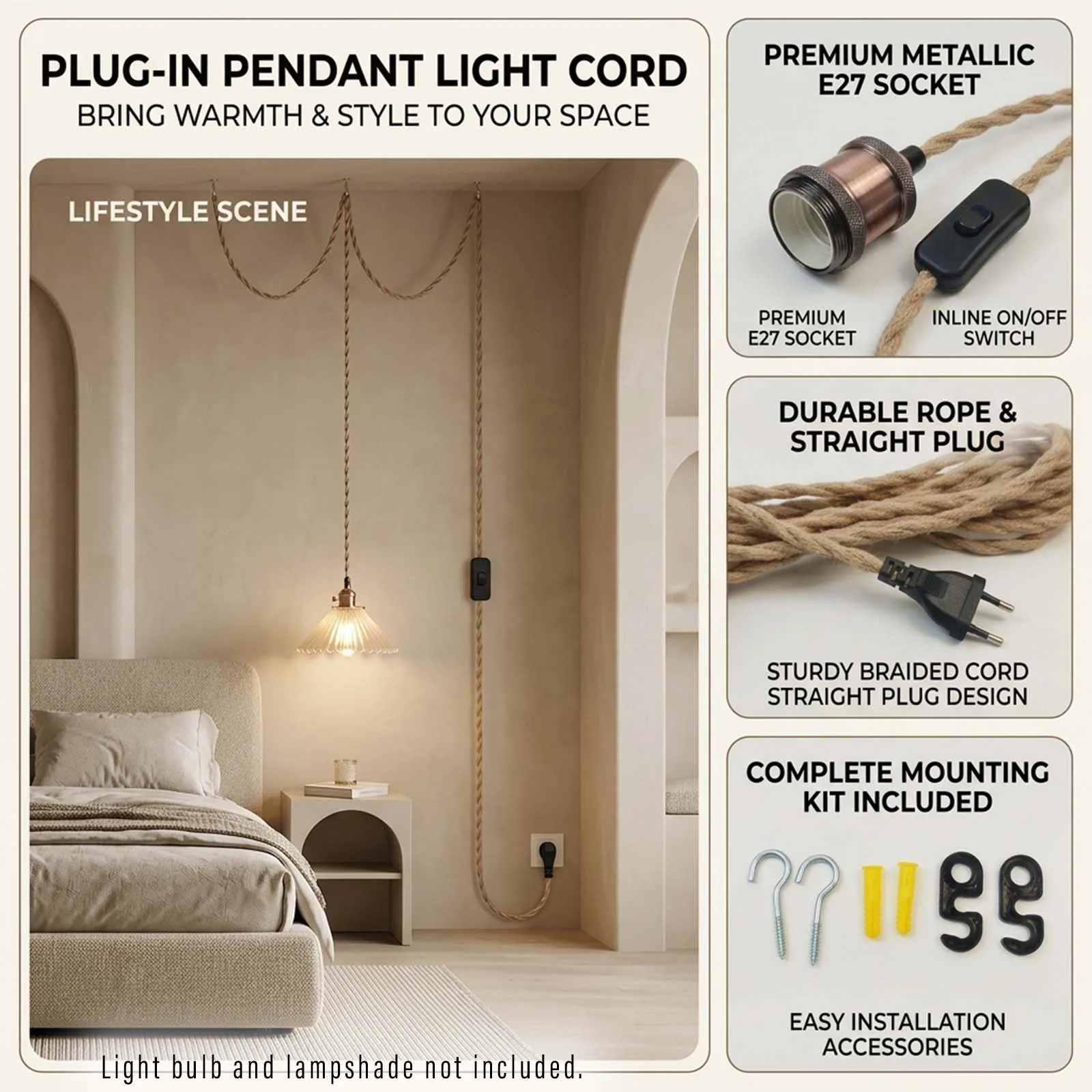 Lamp Cord Set, Hemp Rope Wire, Copper Metal Socket, On Off Switch, EU Plug, Plug and Play, Living Room, DIY