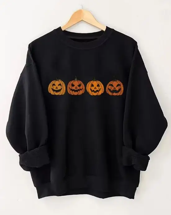 Women Plus Size Halloween Pumpkin Face Graphic Long Sleeve Sweatshirt Preppy Style Campus Outfit Crew Neck Pullover Jack O Lantern Print Halloween Party Casual Wear