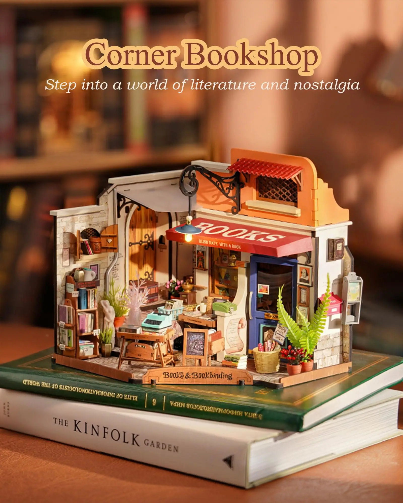 Robotime Miniature House Kit DIY Dollhouse Corner Bookstore with LED DIY Dollhouse Craft Kits for Adults Birthday for Women Kids