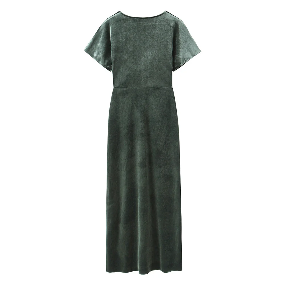 الحد الأدنى الخامس الرقبة مطوي تصميم المخملية قصيرة الأكمام تنورة طويلة الناي جديد بلون فستان سليم صالح