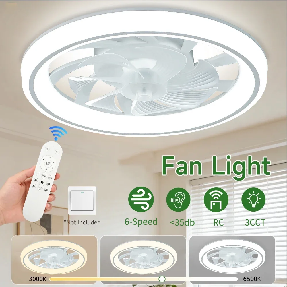 Intelligent LED Ceiling Fan Light, White Silent Ceiling Fan, Remote Control, Unlimited Dimming,6 Wind Power, Bedroom Living Room