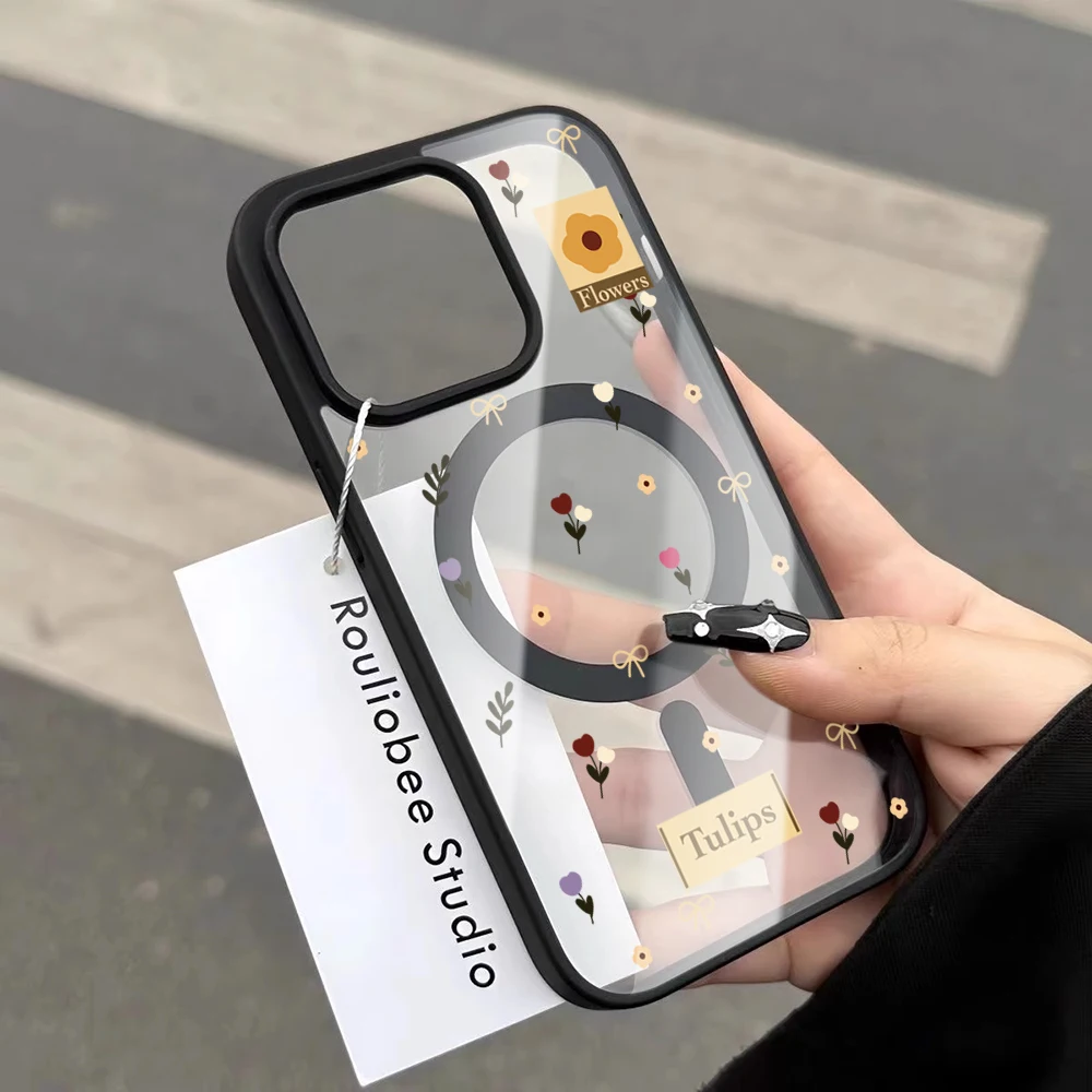 Einfache Tulpenblumen-Schutzhülle für iPhone 17 14 12 Pro Max 13 16 15 Plus 11 Hüllen für MagSafe kabelloses Laden stoßfeste Hülle – Detail 5