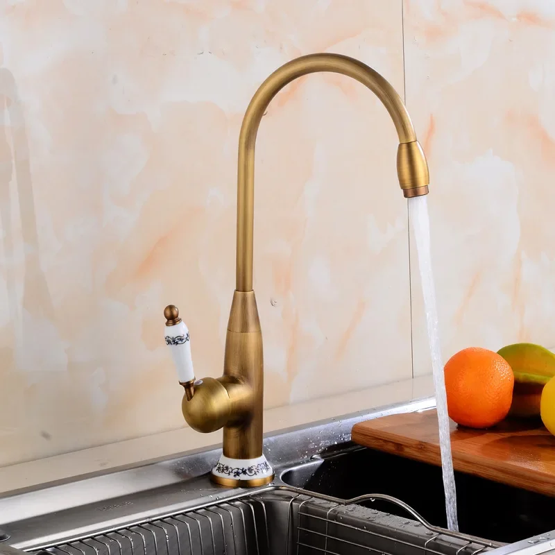 

European copper hot and cold antique basin faucet celadon handle basin kitchen sink rotatable mixer faucet