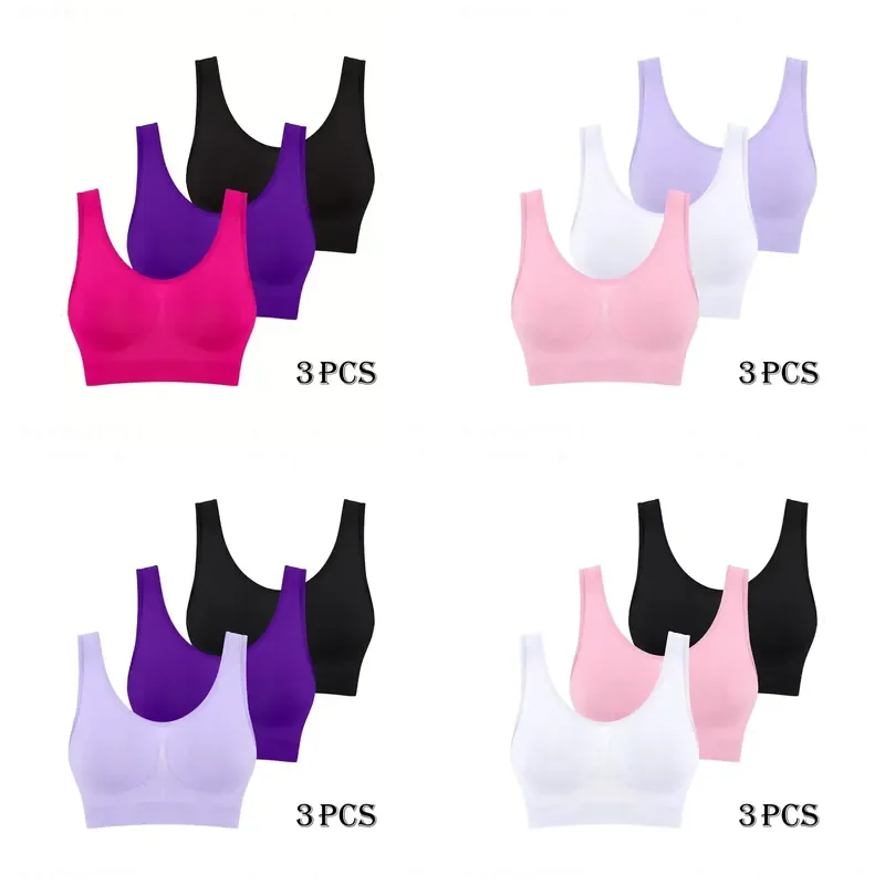 3pcs Women Seamless Sports Bras Thin Single Layer Non Padded Shock Absorbing Comfortable Workout Bralette for Yoga Fitness