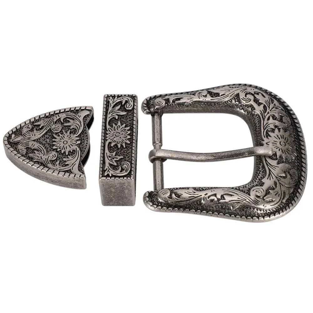Vintage Style Cowboy Belt Buckle Antique Silver 3 Module Set Alloy Waist Buckle 40mm Inner Diameter Carving Design