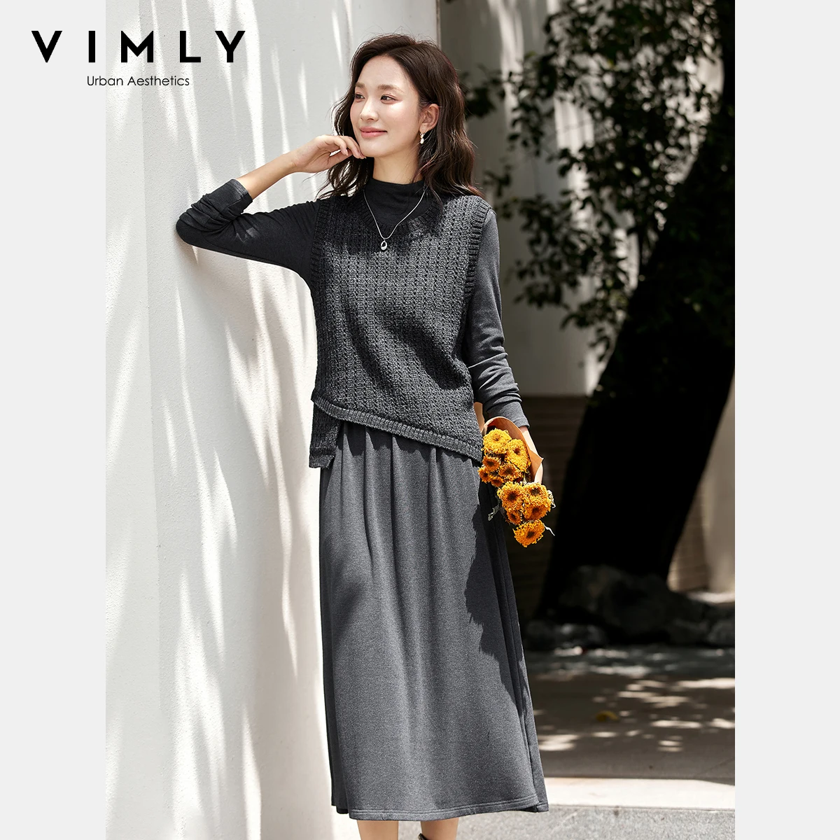 

VIMLY 2 Piece Sets Woman Vintage Autumn 2025 Grey Long Half High Collar Knitted Dresses Irregular Vest New Matching Sets A2228